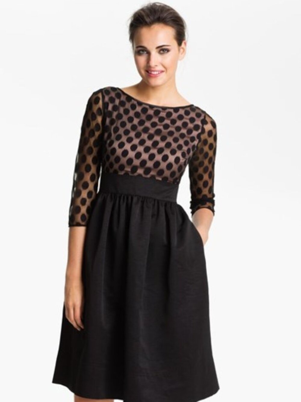 Eliza J Dot Mesh Cocktail Dress -- Fit & Flare with 3/4 Sleeves